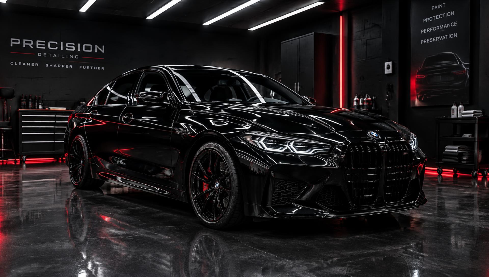 Carro preto polido em estúdio de estética automotiva