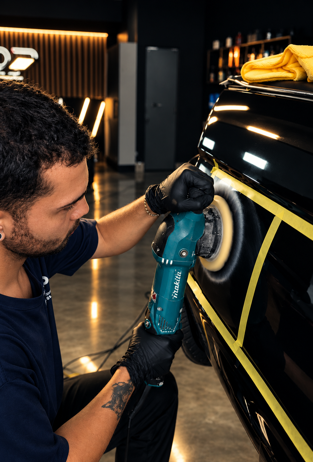 Profissional polindo a pintura de um carro